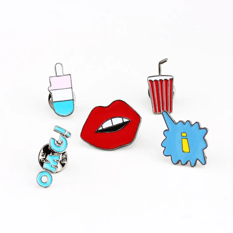 

Lovely Cartoon Brooches Letters Popsicle Sexy Mouth Small Alloy Button Lapel Pins Hat Bag Badge Enamel Pins Jewelry Girls Gifts