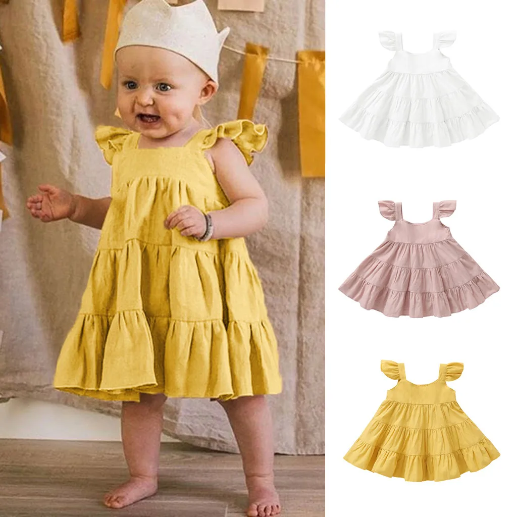 

Baby Girl Solid Ruffle Linen Party Princess Dress Toddler Infant Kids Elegant Casual Dress 2019 Summer Fashion