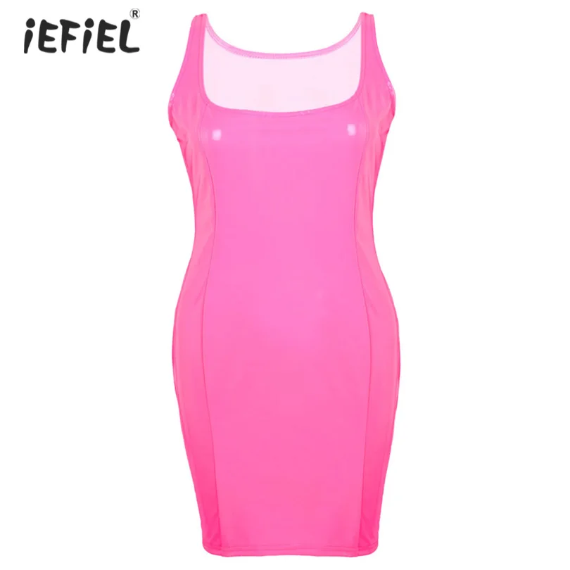 

2019 Sexy Fashion Mini Summer Latex Dress Wet Look PU Leather Dress Woman Party Night Club Wear Sleeveless Bodycon Exotic Dress