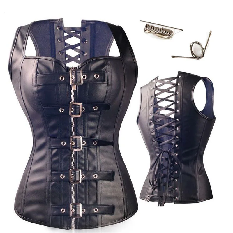 

Plus Size S-6XL Gothic Spiral Steel Bones Overbust Corset Vest Steampunk Faux Leather Waist Trainer Lace Up Corset For Women