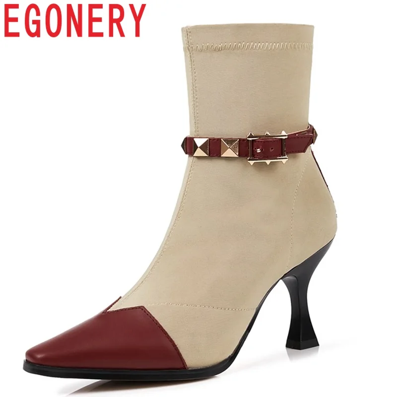 

EGONERY hot sale new popular fashion sexy square toe super high thin heels slip-on three colors rivet outside ankle boots