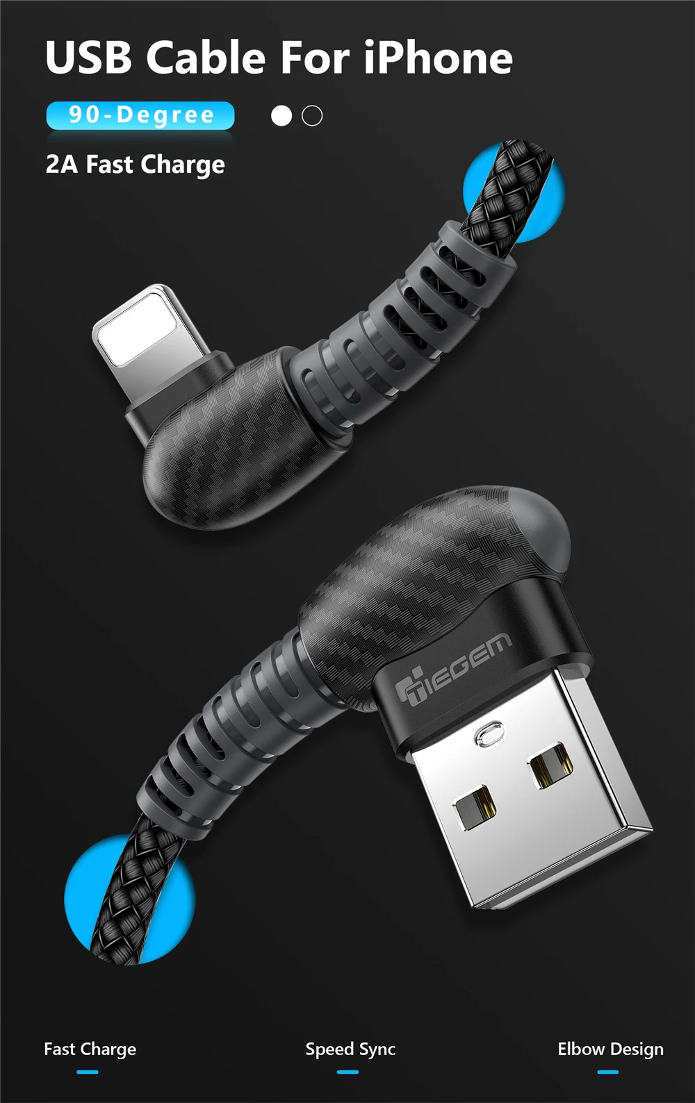 USB кабель TIEGEM для iPhone 8, 7, 6 Plus, 6 S, 5, 5S, SE, X, iPad 2, Mini, 90 градусов, кабели для быстрой зарядки, шнур для зарядного устройства мобильного телефона