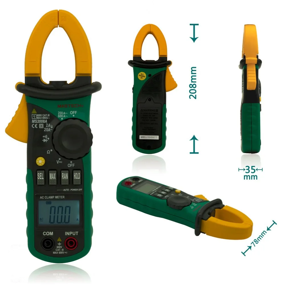 

Mastech MS2008A Digital AC Clamp Meter 600A Amper Clamp Multimeter Backlight Data Hold Diode Continuity test