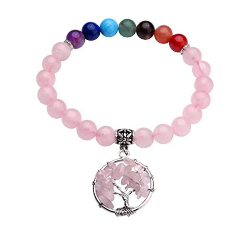 

FYJS Silver Plated Tree of Life Natural Rose Pink Quart Connect 7 Colors Round Beads Bracelet Chakra Jewelry