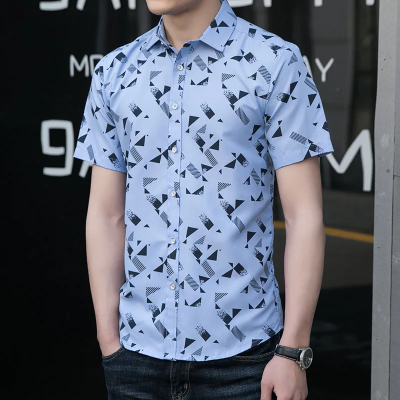 Корейская модная мужская рубашка с принтом, летняя повседневная хлопковая белая рубашка с коротким рукавом, приталенная Мужская одежда, 5XL 6XL 7XL - Цвет: Небесно-голубой