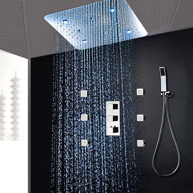 

20 inch Luxury Massage Rain Shower System Bathroom LED Thermostatic Shower Set Ceiling Spray Showerhead Body Jets 2 inch