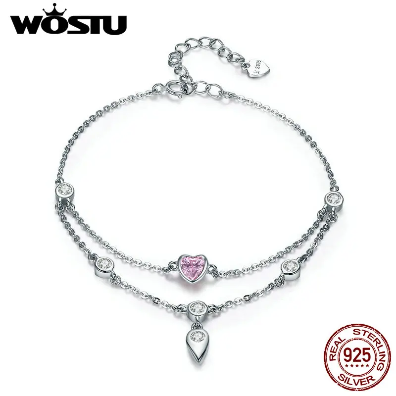 WOSTU, настоящее 925 пробы, серебряный, два слоя, сладкое сердце, цепочка, регулируемое звено, женский браслет, элегантное серебряное свадебное ювелирное изделие CQB090