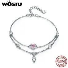 WOSTU, настоящее 925 пробы, серебряный, два слоя, сладкое сердце, цепочка, регулируемое звено, женский браслет, элегантное серебряное свадебное ювелирное изделие CQB090