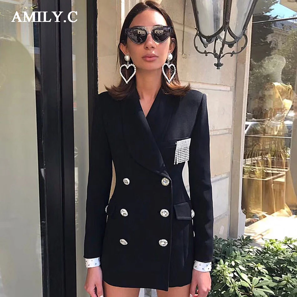 

Amily.c 2018 early autumn new black diamond double-breasted button suit shiny long-sleeved V-neck ladies coat