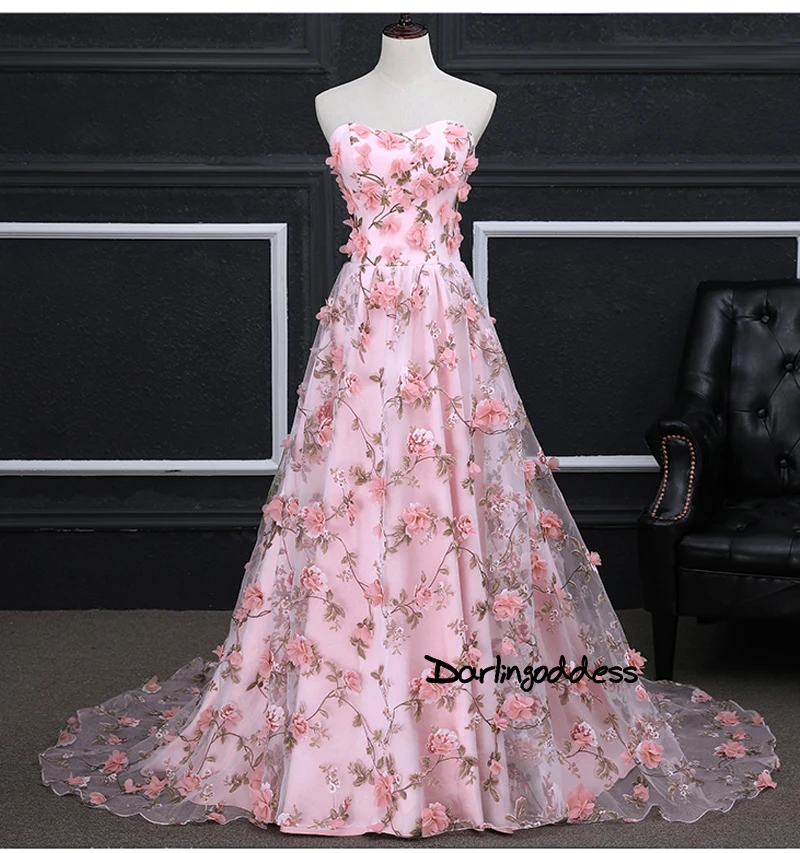 Розовые 3D Цветы вечерние платья Длинные линии Формальные Вечерние платья Мать и Dauhter невесты платья Abendkleider