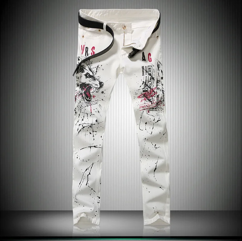 Selling Brand Jean Jeanwinter White Wolf 3d Three dimensional Printing Cylinder Microejection Painting Printing Slim Men