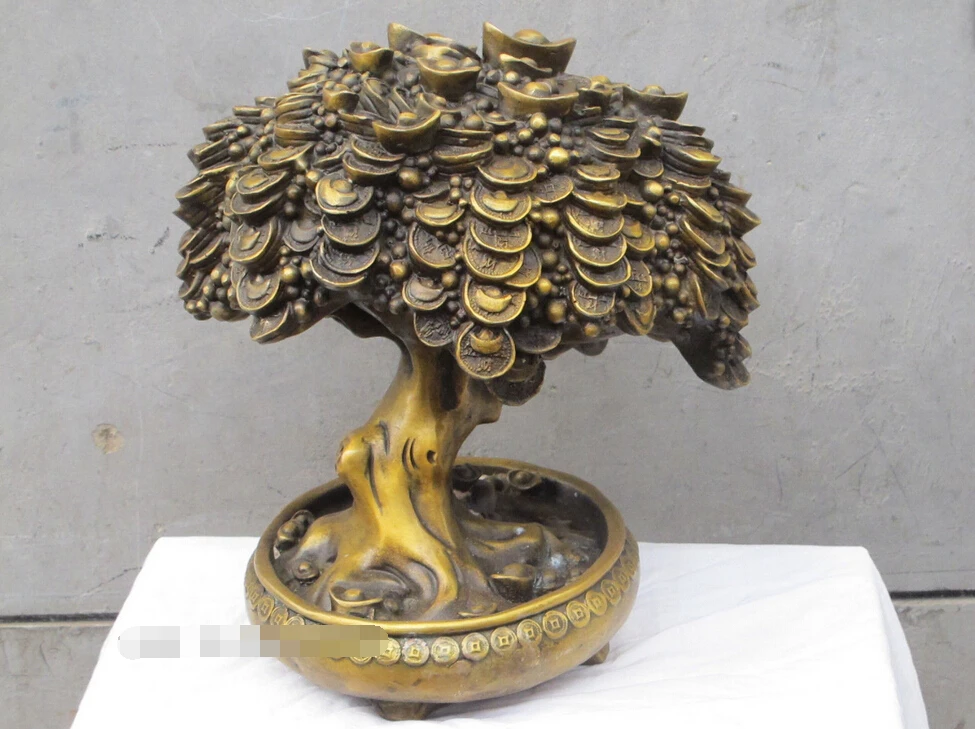 

14"China Brass Lucky auspicious bonsai sculpture Yuan Bao Money Coin Bi Tree St