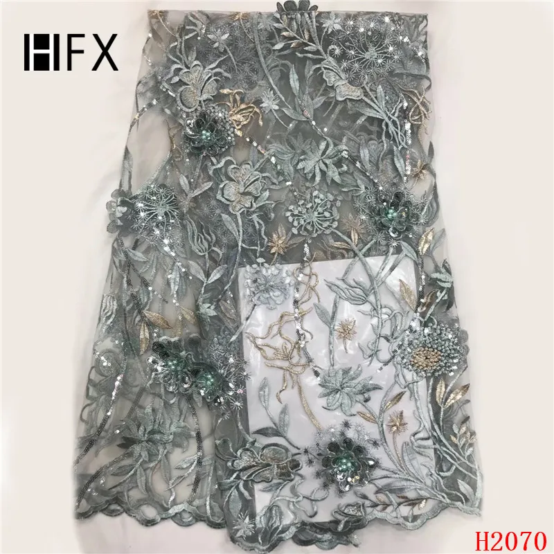 

HFX Nigerian Lace Fabrics Embroidered 2019 African 3d Flowers High Quality Mesh Lace Sequin French Lace Fabric with Beads X2070