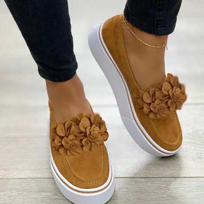

Women Flower Flat Platform Vulcanized Shoes Suede Fashion Slip On Ladies Loafers Plus Size Comfortable Casual Female Moccasins