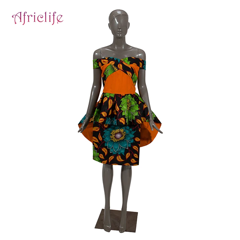 Африканская одежда для женщин Анкара Топы Комплект из двух предметов с открытыми плечами укороченный топ и мини юбка наборы для женщин