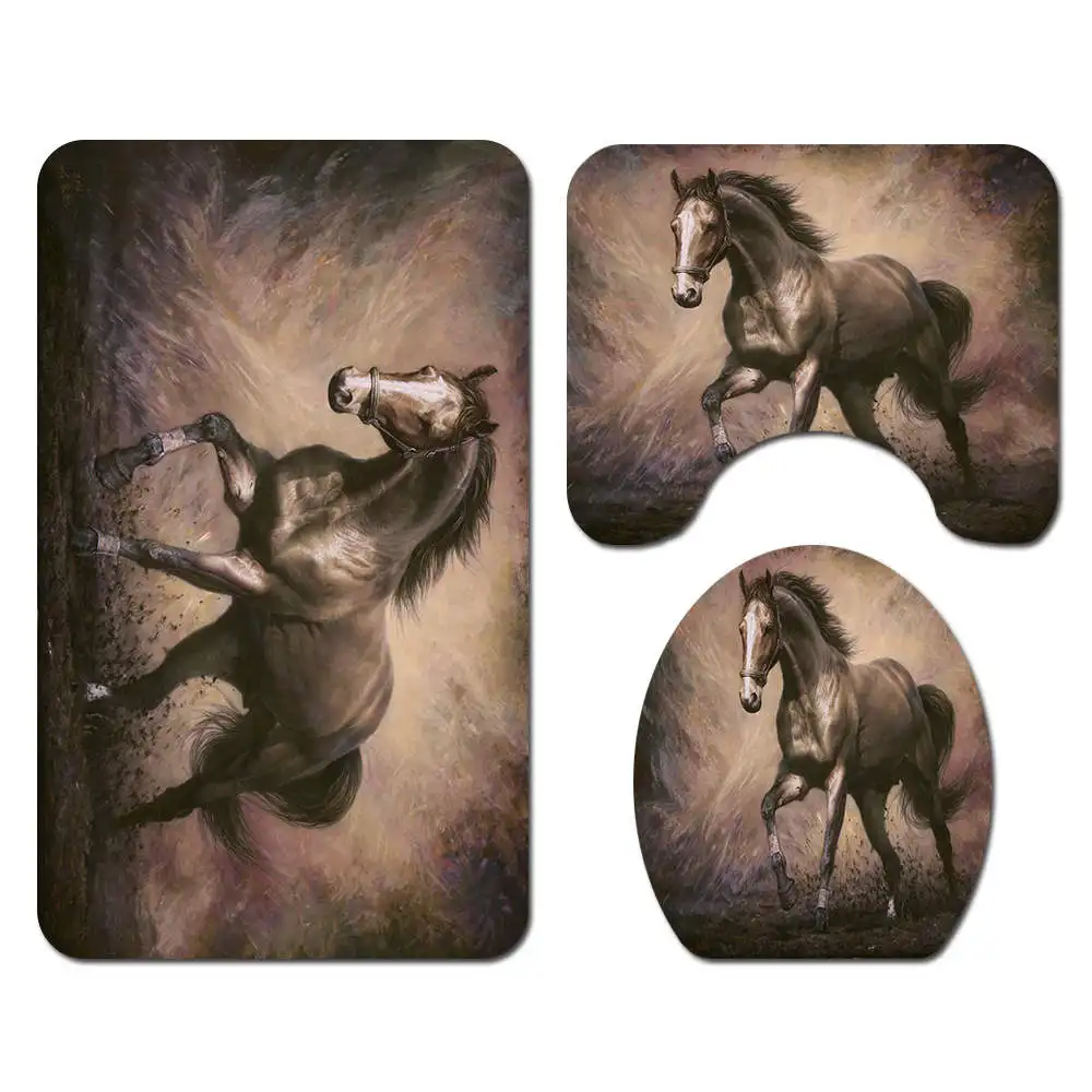 Pentium Horse Print Shower Curtain 4 Piece Carpet Cover Toilet Cover Bath Mat Pad Set Bathroom Curtain 12 Hooks - Цвет: 3 sets