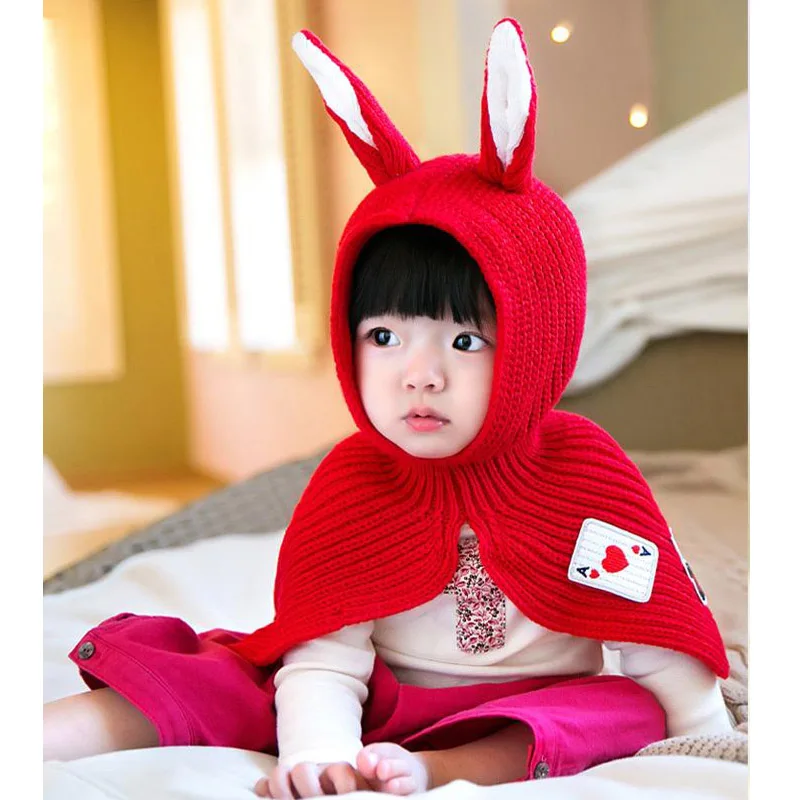 

2016 Korean Winter Cartoon Rabbit Child knitted hat baby kids wool hats can wear as shawl age for 1-4 years old