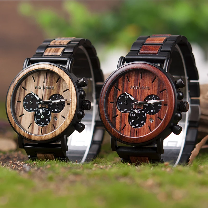 relogio Wood Watches BOBO BIRD Men Watch Date Display Luxury Golden Stylish Wooden and Metal Quartz Wristwatch Wood gift box