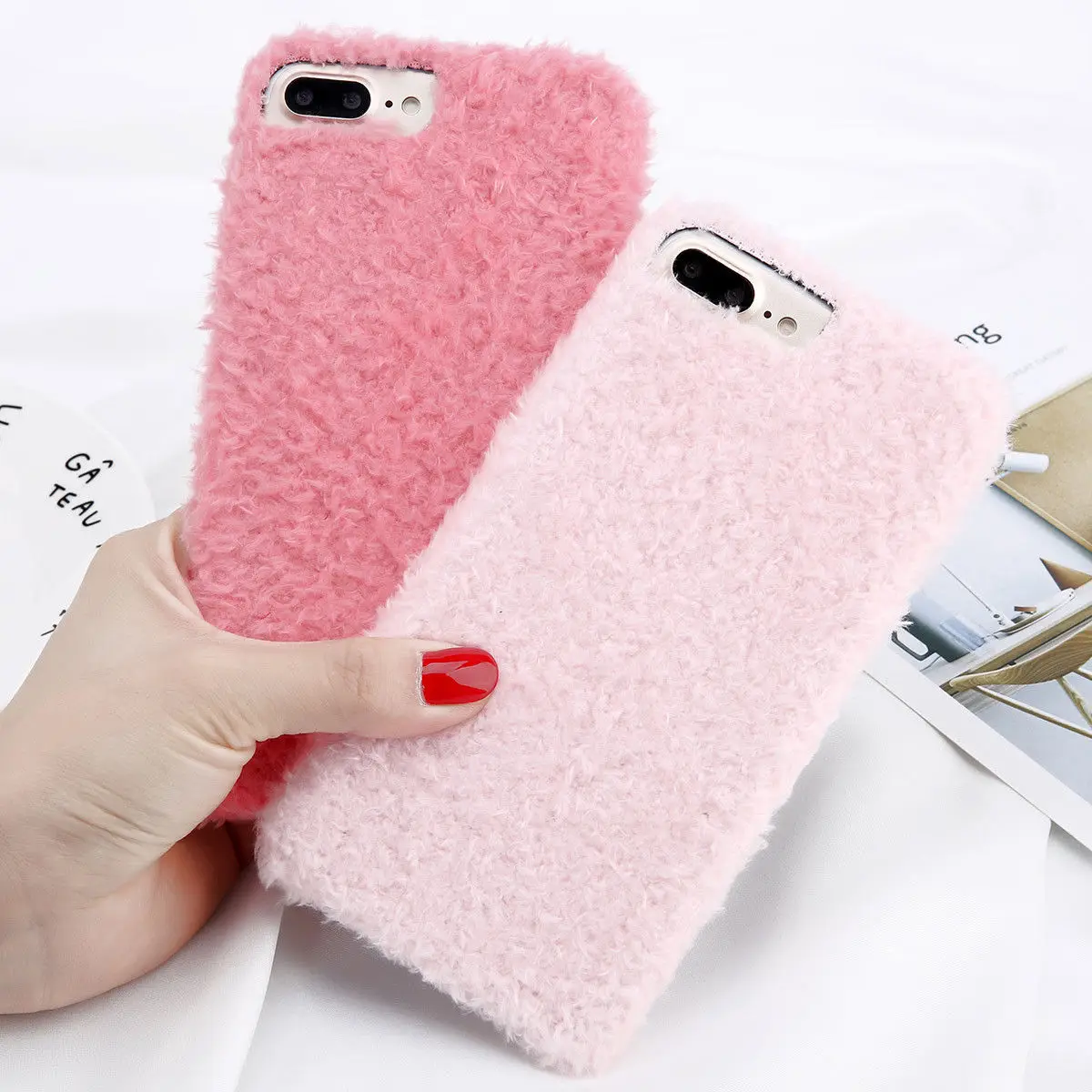 Warm Pure Color Shockproof Cute Fuzzy Fluffy Fur Plush Soft Cover Case