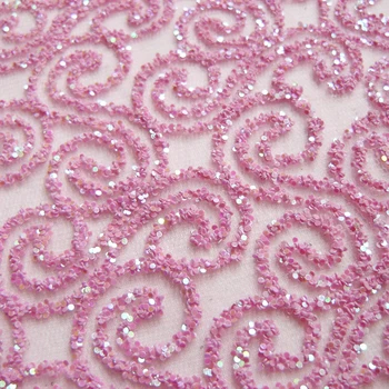 

1Piece French Hot Pink Shining Sequin Lace Fabric African Transparent Wedding dress Apparel Mesh Fabric Curtain Sewing Cloth