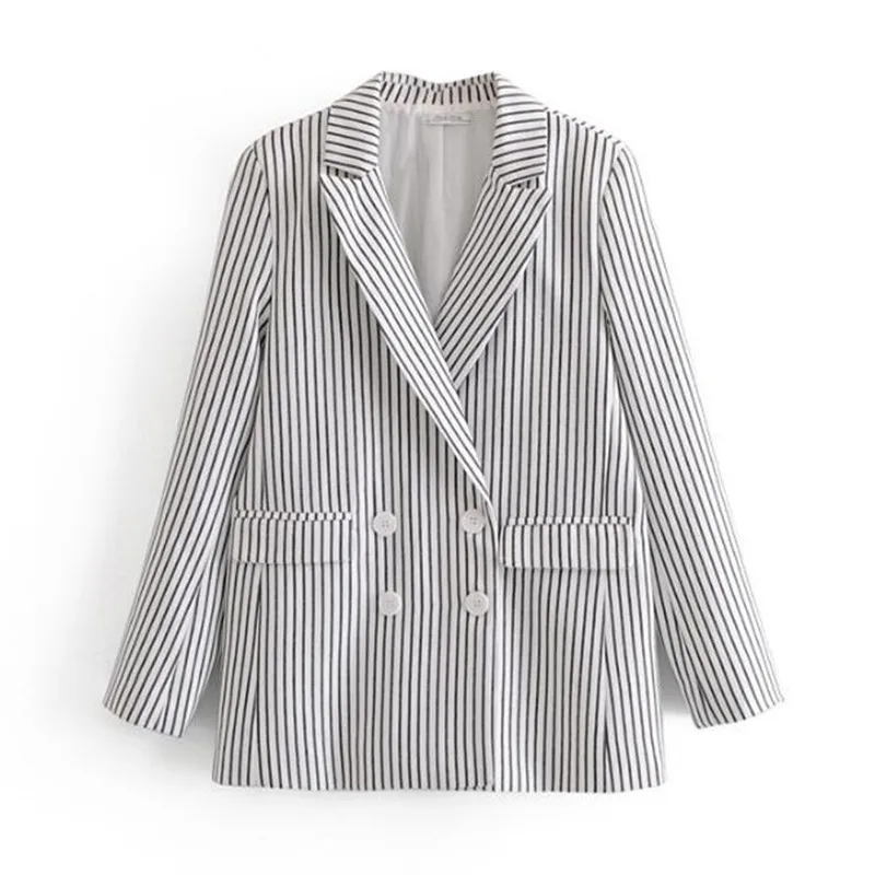Chic White Contrast Black Striped Blazer 2018 Woman Notched Collar Slim fit Suit Casual Jacket Coat Outerwear