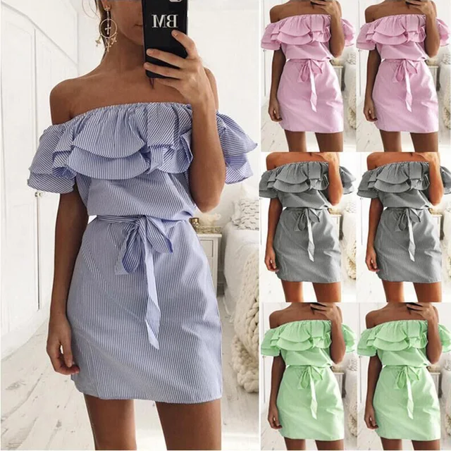 2018 Off Shoulder Strapless Striped Ruffles Dress Women Sexy Summer Sundresses Slim Beach Casual Shirt Short Mini Party Dresses 1