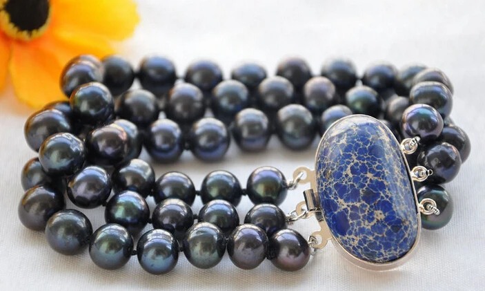 

Hot sell ->@@ > 08662 3row black round FRESHWATER CULTURED pearl bracelet stone clasp -Top quality free shipping