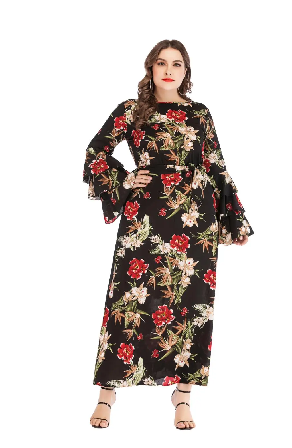Женское летнее платье макси с цветочным рисунком, с оборками, с длинным рукавом, Элегантное Длинное Платье трапециевидной формы, свободные, негабаритные, туника, пляжные платья