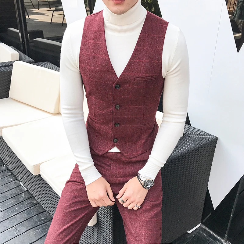 Plaid Vests For Men Slim Fit Mens Suit Vest Male Waistcoat Gilet Homme Casual Sleeveless Formal Business Formal Dress Plus size