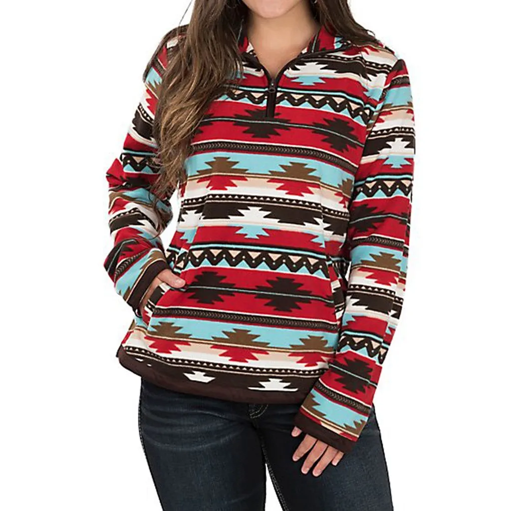 

Ladies loose large size fashion new ethnic style print zipper pocket shirt Tops