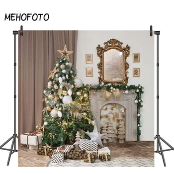 

Christmas Tree Photography Backdrop Fireplace Wood Floor Photo Background White Brick Wall Photographic Backdrops for Photobooth