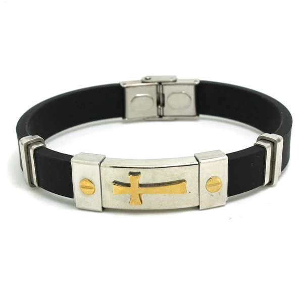Jesus Cross jewelry Silicone Rubber Silver Bracelet Stainless Steel Top