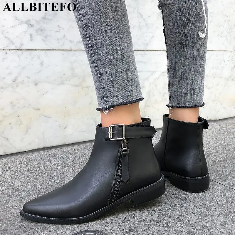 

ALLBITEFO large size:34-42 genuine leather thick heel women boots fashion buckle ankle boots for women martin boots girls shoes
