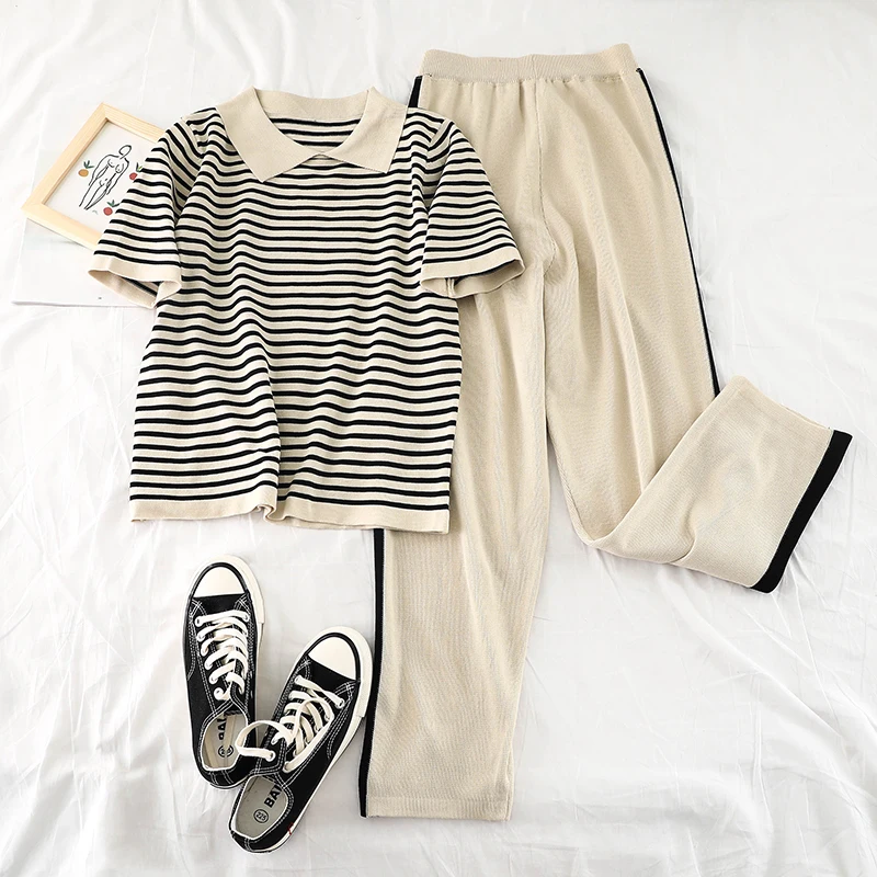 

2019 new fashion women's two piece set Striped Knit Short Sleeve Top+ Elastic Waist Stripe Wide Leg Pants Two Piece H164