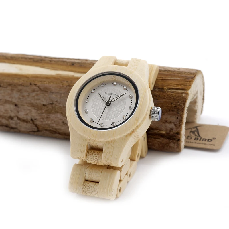 BOBO BIRD O10 Bamboo Women Watches Crystal Dial Ladies Quartz Dress Watch in Wooden Box