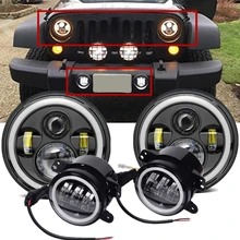 For Jeep JK Accessories 7 Inch LED Halo Headlights + 4 Inch LED Fog Light DRL Combo Kit For Jeep Wrangler JK 2007 2017