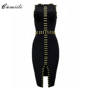 CIEMIILI 2020 New Fashion Women Sleeveless Bandage Dress Sexy Front Split Celebrity Party Elegant Knee Length Bodycon Midi Dress button front sleeveless dress
