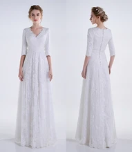Real 2016 White Long A-line Lace Modest Wedding Dresses With 3/4 Sleeves Appliques V Neck Floor Length Reception Bridal Gowns