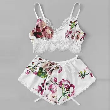 

Womens Sexy pajamas Satin Sling Sleepwear Lingerie print Lace Nightdress Underwear nightgown Summer pyjama femme 25H