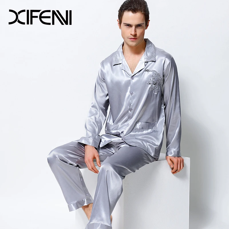 XIFENNI 2020 Men Satin Silk Pajamas Dragon Embroidery Pyjama Sets Long-Sleeved Luxurious Emulation Silk Sleepwear Pijama 3313 XIFENNI 2020 Men Satin Silk Pajamas Dragon Embroidery Pyjama Sets Long-Sleeved Luxurious Emulation Silk Sleepwear Pijama 3313