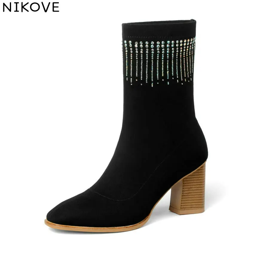 

NIKOVE 2019 Women Flock Square High Heels Boots Stretch Fabric Kid Suede Mid-calf Boots Spring Autumn Shoes Round Toe Size 34-39