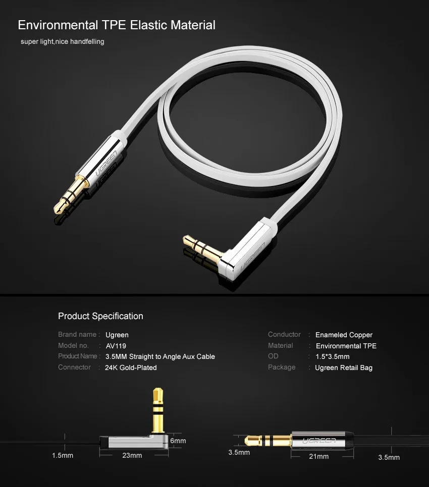 Ugreen aux cable jack 3.5mm male to male audio cable 90 degree right