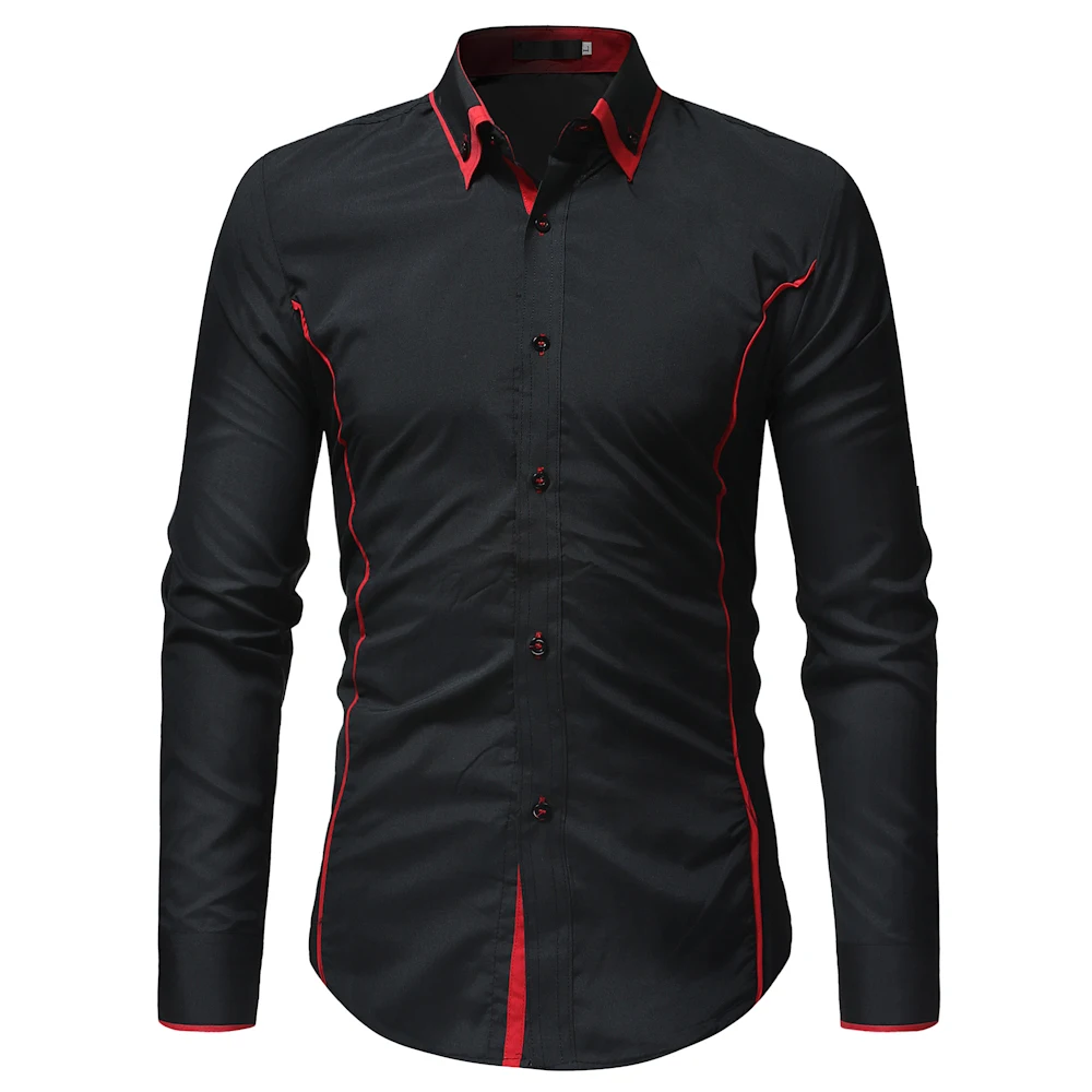 Модный бренд Camisa Masculina, рубашка с длинным рукавом, Мужская Корейская приталенная рубашка с двойным воротником, дизайнерская Повседневная рубашка размера плюс, Черная - Цвет: Black Red Shirt