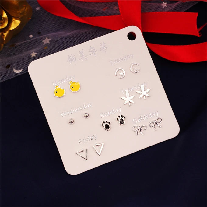 

7 pair/set leaf chicken sole bowknot triangle cuff Stud Earrings for Women Piercing silver color cute small Earrings for a week