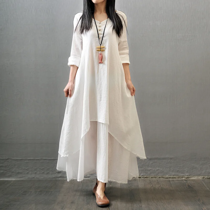 Vintage Women Double Layers Long Spring Fall Loose Maternity Tops Maxi Tunic Dress Spot Foreign Trade Spring And Autumn