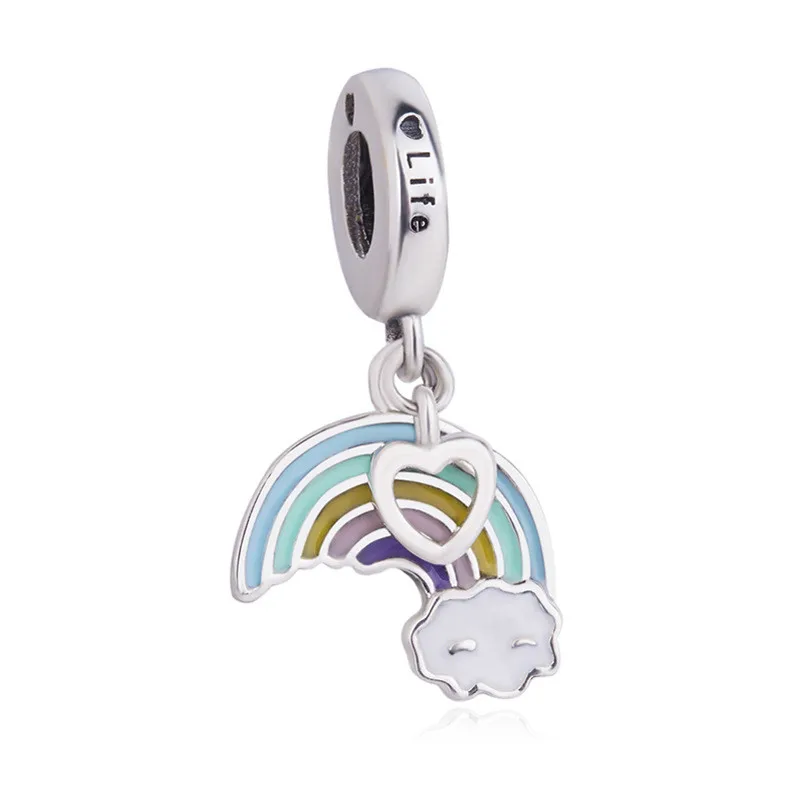 

925 Sterling Silver Bead Charm Enamel Rainbow Of Love Heart Engraved Life Pendant Beads Fit Pandora Bracelet & Necklace Jewelry