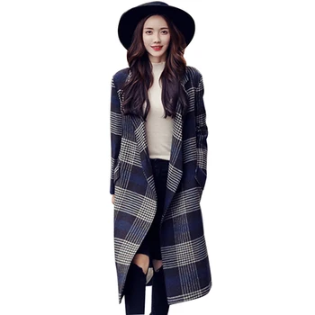 

New Autumn Winter Large size Wool Blends Women Jacket Coat Fashion Plaid Long Windbreaker Female Casual Loose Woolen Outerwear