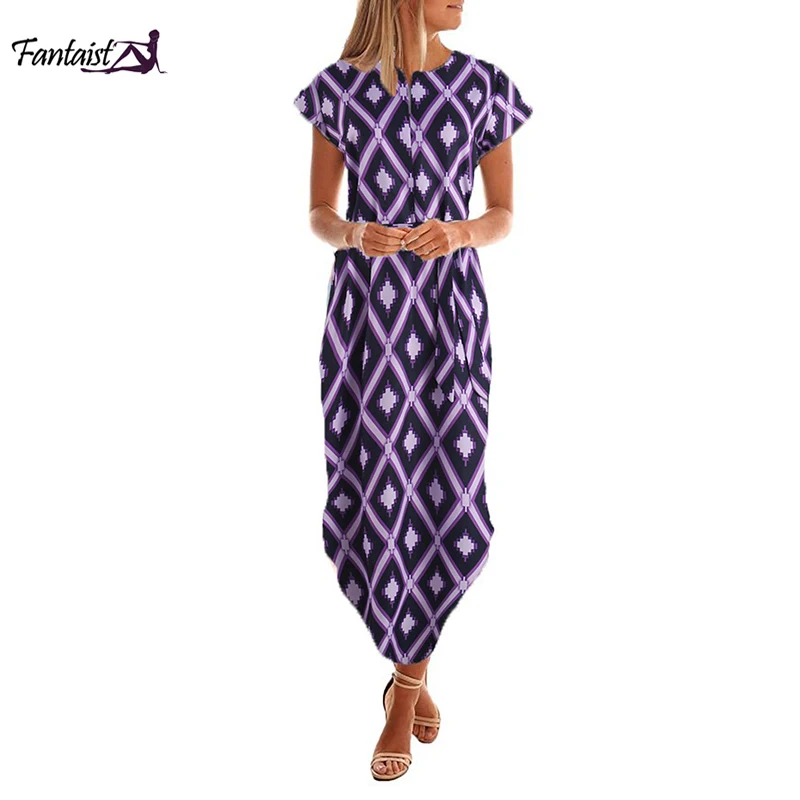 

Fantaist Women Bohemian Dress Midi Straight Sashes Geometric Print O Neck Short Sleeve Elegant Club Party Work Long Summer Dress