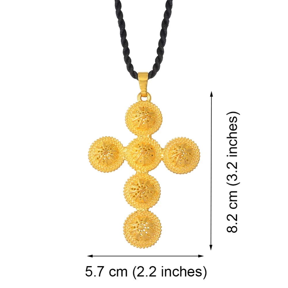 Annio Ethiopian Cross Big Cross Pendant & Black Rope For Women Men Gold Color African Jewelry Eritrea Cross #160706