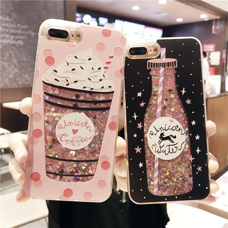 

SUYACS Dynamic Liquid Quicksand Drink Bottle Ice Cream For iPhone 7 8Plus XR XS Max 6 6S Glitter Star Powder Phone Case Cover